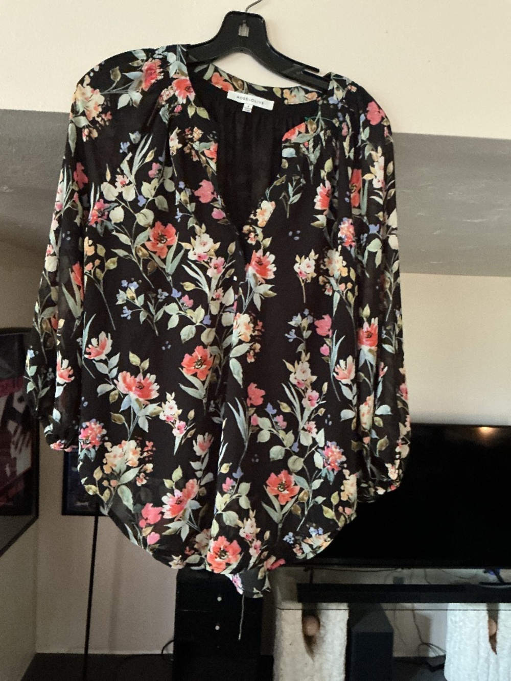 Rose and Olive Long Sleeve Floral on  lack Blouse.